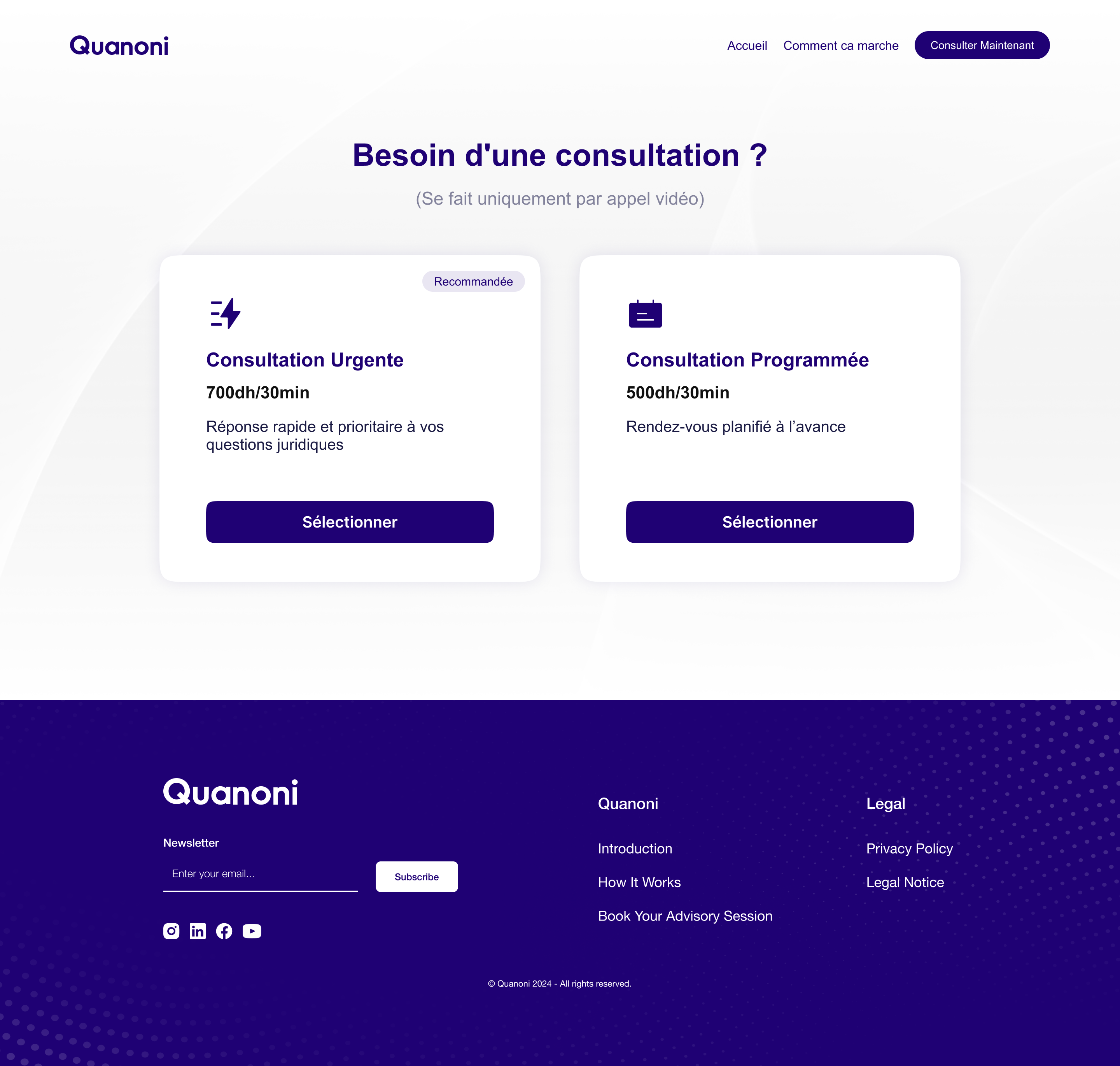 Quanoni consultation type selection for urgent and scheduled sessions on desktop