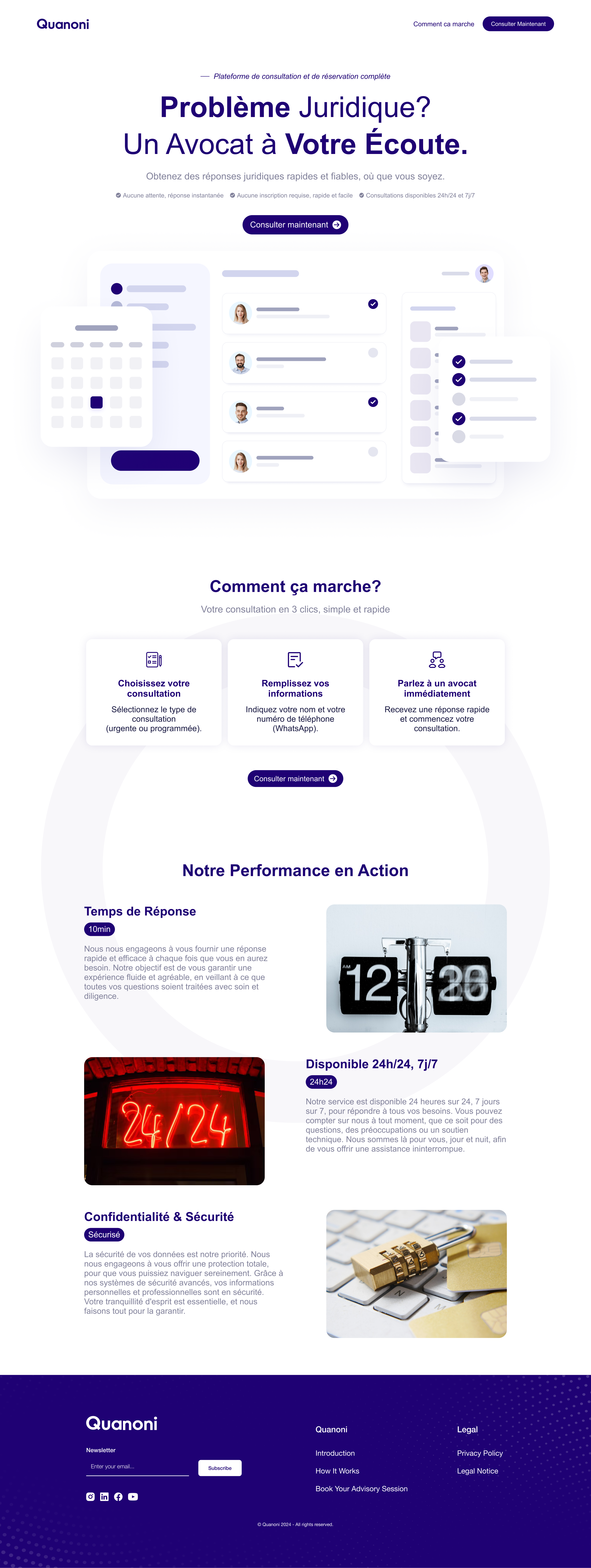 Quanoni public landing page explaining the legal consultation service