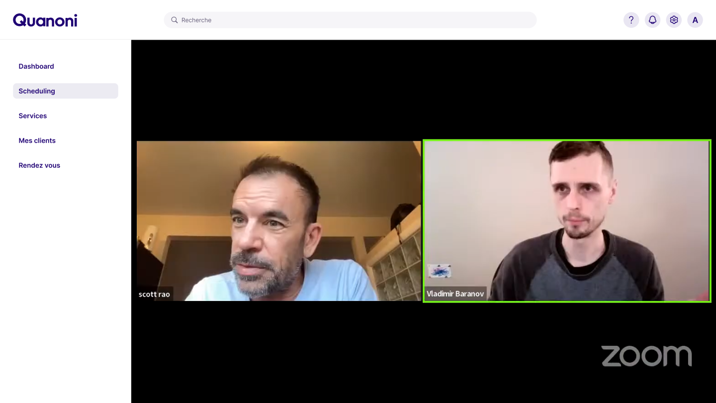Quanoni live video consultation interface between lawyer and client
