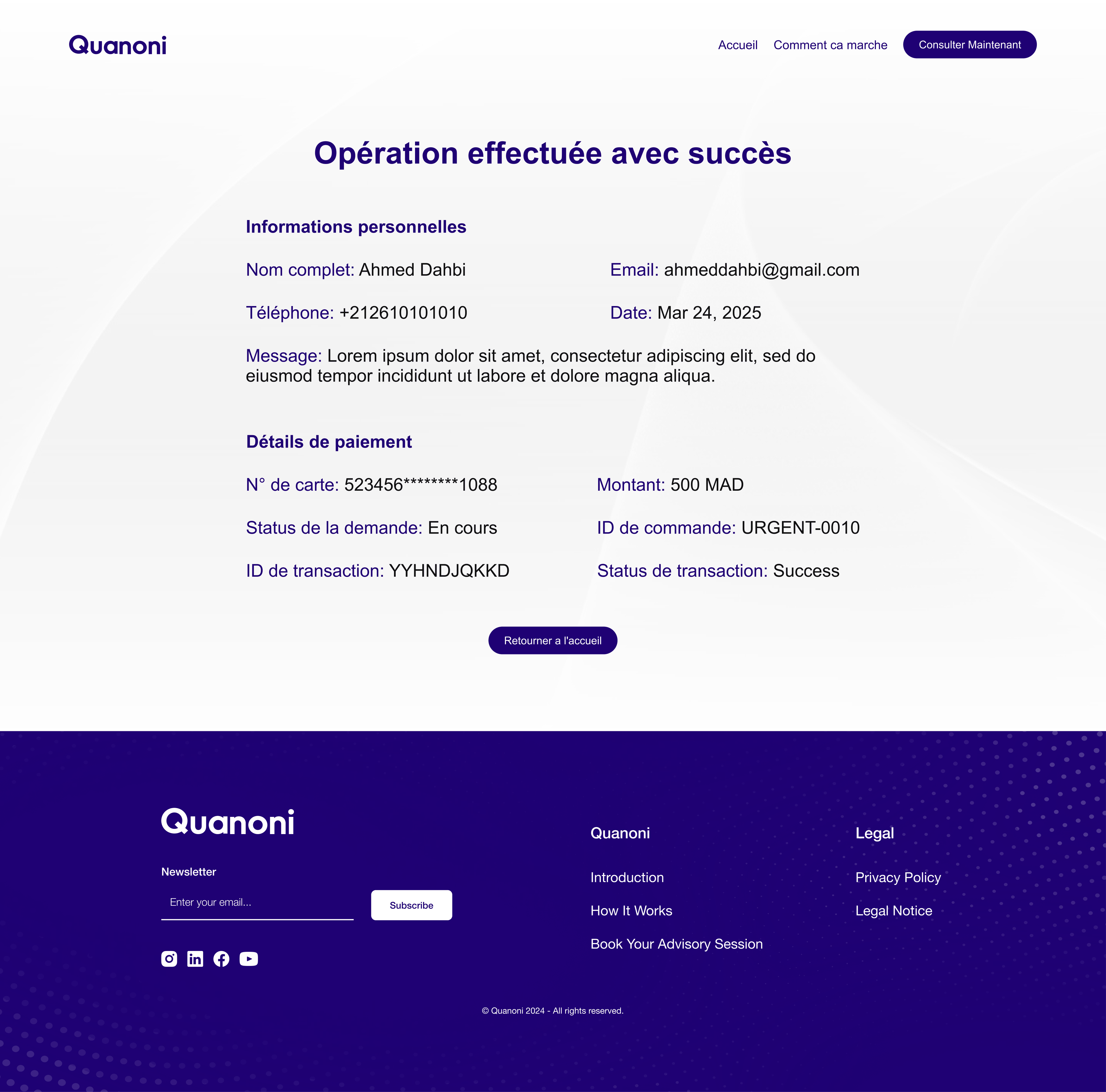 Quanoni payment confirmation screen showing transaction and request details