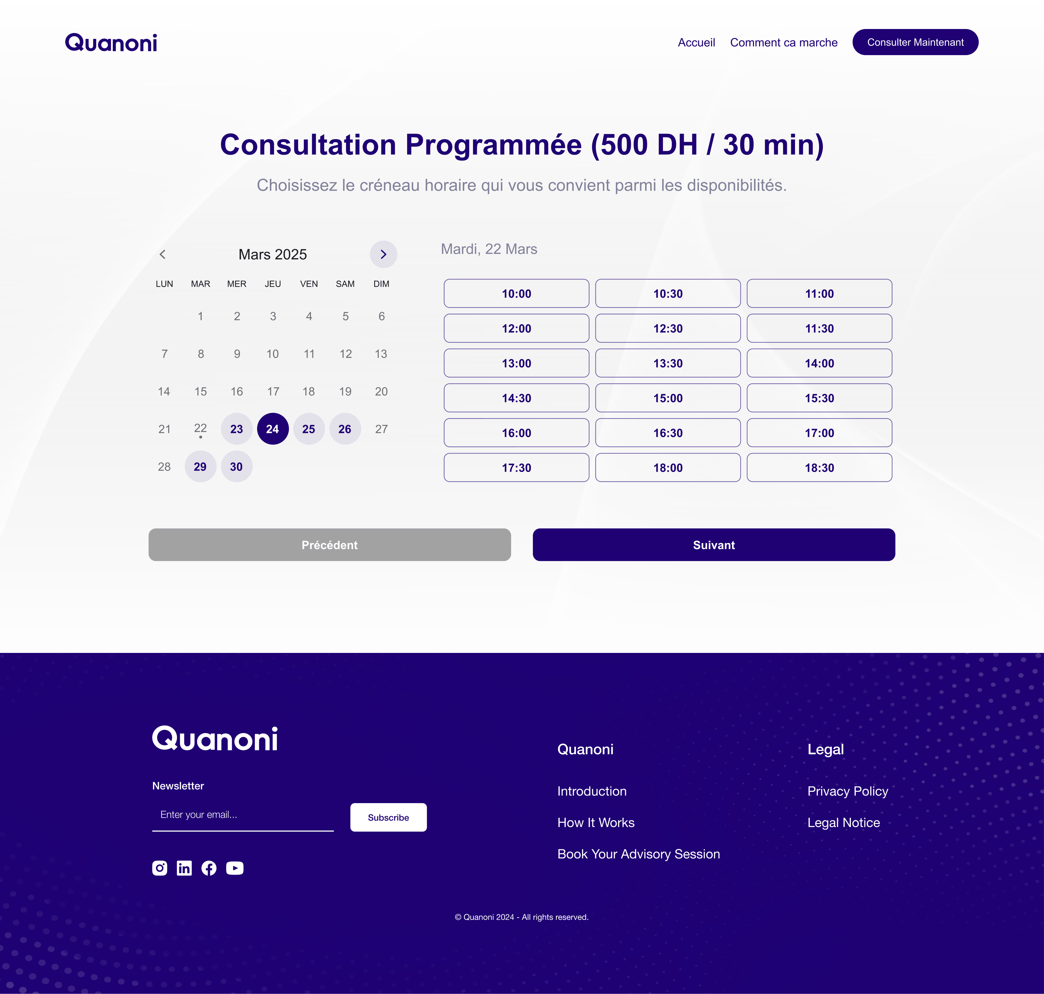 Quanoni scheduled consultation calendar with available time slots