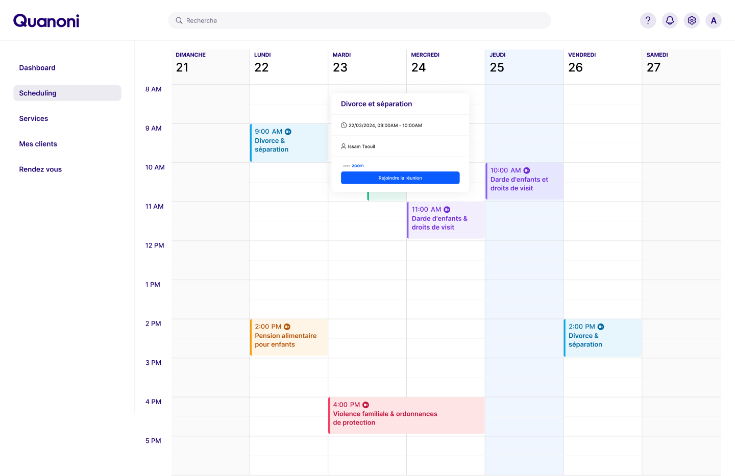Quanoni lawyer scheduling dashboard with appointments calendar
