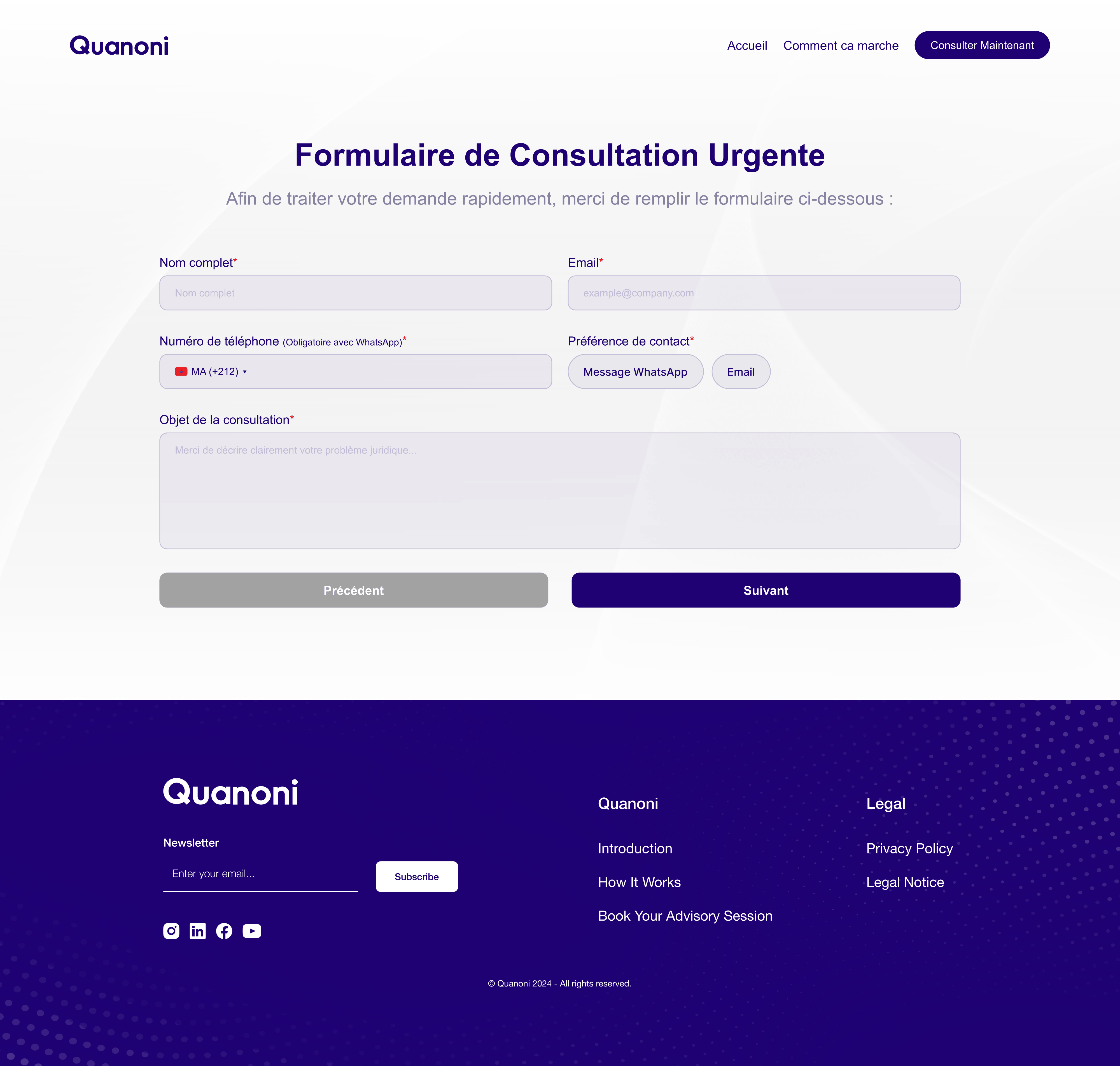 Quanoni urgent consultation form collecting client information and preferred contact